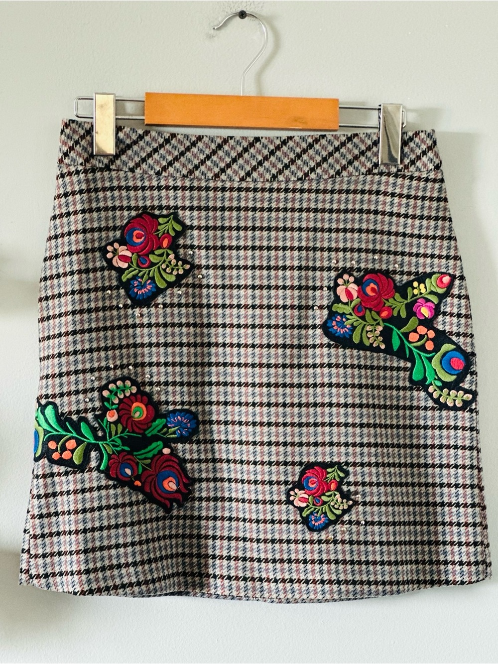 Zara | Plaid  Skirt with Multicolor Floral Embroidered Patches